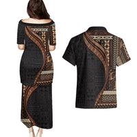 Samoa Siapo Motif and Tapa Pattern Half Style Couples Matching Puletasi and Hawaiian Shirt Black Color