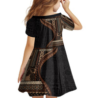 Samoa Siapo Motif and Tapa Pattern Half Style Family Matching Long Sleeve Bodycon Dress and Hawaiian Shirt Black Color