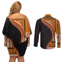 Samoa Siapo Motif and Tapa Pattern Half Style Couples Matching Off Shoulder Short Dress and Long Sleeve Button Shirt Yellow Color