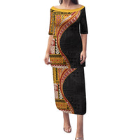 Samoa Siapo Motif and Tapa Pattern Half Style Family Matching Puletasi and Hawaiian Shirt Yellow Color