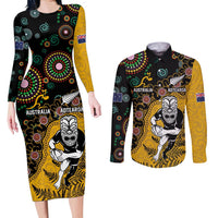 Custom New Zealand and Australia Rugby Couples Matching Long Sleeve Bodycon Dress and Long Sleeve Button Shirt Maori Warrior With Aboriginal Version LT03 Black - Polynesian Pride