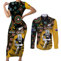 Custom New Zealand and Australia Rugby Couples Matching Short Sleeve Bodycon Dress and Long Sleeve Button Shirt Maori Warrior With Aboriginal Version LT03 Black - Polynesian Pride