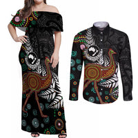 New Zealand Fern and Australia Emu Couples Matching Off Shoulder Maxi Dress and Long Sleeve Button Shirt Aboriginal Mix Maori Pattern LT03 Blue - Polynesian Pride