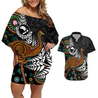 New Zealand Fern and Australia Emu Couples Matching Off Shoulder Short Dress and Hawaiian Shirt Aboriginal Mix Maori Pattern