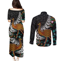 New Zealand Fern and Australia Emu Couples Matching Puletasi and Long Sleeve Button Shirt Aboriginal Mix Maori Pattern LT03 - Polynesian Pride
