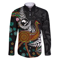 New Zealand Fern and Australia Emu Family Matching Long Sleeve Bodycon Dress and Hawaiian Shirt Aboriginal Mix Maori Pattern LT03 Dad's Shirt - Long Sleeve Blue - Polynesian Pride