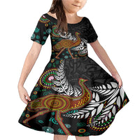 New Zealand Fern and Australia Emu Family Matching Mermaid Dress and Hawaiian Shirt Aboriginal Mix Maori Pattern LT03 Daughter's Dress Blue - Polynesian Pride