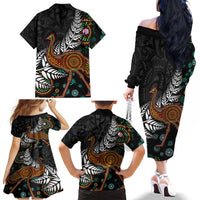 New Zealand Fern and Australia Emu Family Matching Off The Shoulder Long Sleeve Dress and Hawaiian Shirt Aboriginal Mix Maori Pattern
