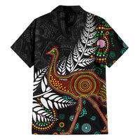 New Zealand Fern and Australia Emu Family Matching Off The Shoulder Long Sleeve Dress and Hawaiian Shirt Aboriginal Mix Maori Pattern