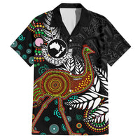 New Zealand Fern and Australia Emu Family Matching Short Sleeve Bodycon Dress and Hawaiian Shirt Aboriginal Mix Maori Pattern LT03 Dad's Shirt - Short Sleeve Blue - Polynesian Pride