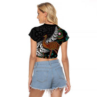 New Zealand Fern and Australia Emu Raglan Cropped T Shirt Aboriginal Mix Maori Pattern LT03 - Polynesian Pride