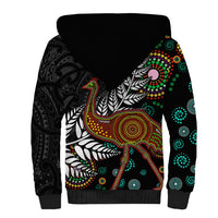 New Zealand Fern and Australia Emu Sherpa Hoodie Aboriginal Mix Maori Pattern