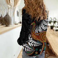 New Zealand Fern and Australia Emu Women Casual Shirt Aboriginal Mix Maori Pattern LT03 - Polynesian Pride