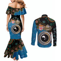 Fiji Palm Tree and Australia Kangaroo Couples Matching Mermaid Dress and Long Sleeve Button Shirt Aboriginal Mix Tapa Pattern