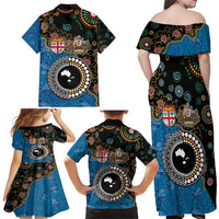 Fiji Palm Tree and Australia Kangaroo Family Matching Off Shoulder Maxi Dress and Hawaiian Shirt Aboriginal Mix Tapa Pattern