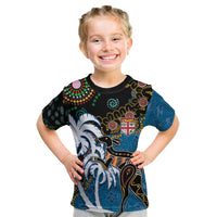 Fiji Palm Tree and Australia Kangaroo Kid T Shirt Aboriginal Mix Tapa Pattern LT03 Blue - Polynesian Pride