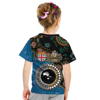 Fiji Palm Tree and Australia Kangaroo Kid T Shirt Aboriginal Mix Tapa Pattern LT03 - Polynesian Pride