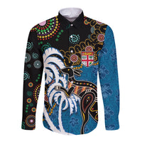 Fiji Palm Tree and Australia Kangaroo Long Sleeve Button Shirt Aboriginal Mix Tapa Pattern