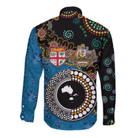 Fiji Palm Tree and Australia Kangaroo Long Sleeve Button Shirt Aboriginal Mix Tapa Pattern