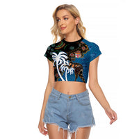 Fiji Palm Tree and Australia Kangaroo Raglan Cropped T Shirt Aboriginal Mix Tapa Pattern