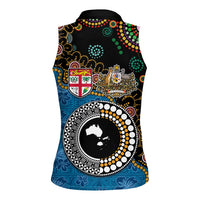 Fiji Palm Tree and Australia Kangaroo Women Sleeveless Polo Shirt Aboriginal Mix Tapa Pattern