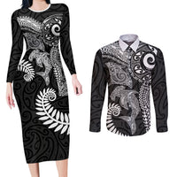 Aotearoa Maori Sea Animals Tribal Couples Matching Long Sleeve Bodycon Dress and Long Sleeve Button Shirt Manta Ray and Shark Moko Pattern Black Color LT03 Black - Polynesian Pride