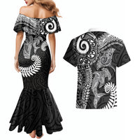 Aotearoa Maori Sea Animals Tribal Couples Matching Mermaid Dress and Hawaiian Shirt Manta Ray and Shark Moko Pattern Black Color LT03 - Polynesian Pride