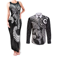 Aotearoa Maori Sea Animals Tribal Couples Matching Tank Maxi Dress and Long Sleeve Button Shirt Manta Ray and Shark Moko Pattern Black Color LT03 Black - Polynesian Pride