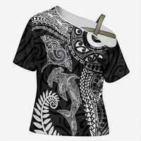 Aotearoa Maori Sea Animals Tribal Cross Shoulder Shirt Manta Ray and Shark Moko Pattern Black Color LT03 Female Black - Polynesian Pride