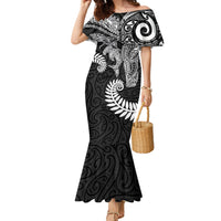 Aotearoa Maori Sea Animals Tribal Family Matching Mermaid Dress and Hawaiian Shirt Manta Ray and Shark Moko Pattern Black Color LT03 Mom's Dress Black - Polynesian Pride