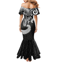 Aotearoa Maori Sea Animals Tribal Family Matching Mermaid Dress and Hawaiian Shirt Manta Ray and Shark Moko Pattern Black Color LT03 - Polynesian Pride