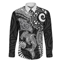 Aotearoa Maori Sea Animals Tribal Family Matching Off Shoulder Maxi Dress and Hawaiian Shirt Manta Ray and Shark Moko Pattern Black Color LT03 Dad's Shirt - Long Sleeve Black - Polynesian Pride