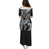 Aotearoa Maori Sea Animals Tribal Family Matching Puletasi and Hawaiian Shirt Manta Ray and Shark Moko Pattern Black Color LT03 - Polynesian Pride