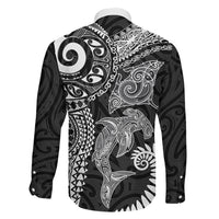 Aotearoa Maori Sea Animals Tribal Family Matching Short Sleeve Bodycon Dress and Hawaiian Shirt Manta Ray and Shark Moko Pattern Black Color LT03 - Polynesian Pride