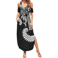 Aotearoa Maori Sea Animals Tribal Family Matching Summer Maxi Dress and Hawaiian Shirt Manta Ray and Shark Moko Pattern Black Color LT03 Mom's Dress Black - Polynesian Pride
