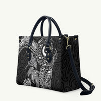 Aotearoa Maori Sea Animals Tribal Leather Bag Manta Ray and Shark Moko Pattern Black Color