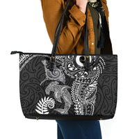 Aotearoa Maori Sea Animals Tribal Leather Tote Bag Manta Ray and Shark Moko Pattern Black Color LT03 - Polynesian Pride