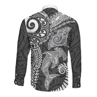 Aotearoa Maori Sea Animals Tribal Long Sleeve Button Shirt Manta Ray and Shark Moko Pattern Black Color LT03 - Polynesian Pride