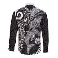 Aotearoa Maori Sea Animals Tribal Long Sleeve Button Shirt Manta Ray and Shark Moko Pattern Black Color