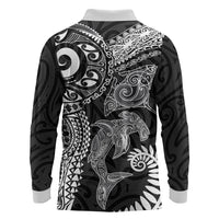 Aotearoa Maori Sea Animals Tribal Long Sleeve Polo Shirt Manta Ray and Shark Moko Pattern Black Color LT03 - Polynesian Pride