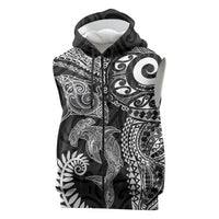 Aotearoa Maori Sea Animals Tribal Sleeveless Zip Hoodie Manta Ray and Shark Moko Pattern Black Color LT03 Black - Polynesian Pride