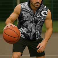 Aotearoa Maori Sea Animals Tribal Sleeveless Zip Hoodie Manta Ray and Shark Moko Pattern Black Color LT03 - Polynesian Pride