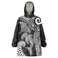 Aotearoa Maori Sea Animals Tribal Wearable Blanket Hoodie Manta Ray and Shark Moko Pattern Black Color LT03 One Size Black - Polynesian Pride