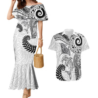 Aotearoa Maori Sea Animals Tribal Couples Matching Mermaid Dress and Hawaiian Shirt Manta Ray and Shark Moko Pattern White Color LT03 White - Polynesian Pride