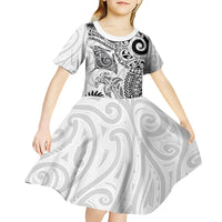 Aotearoa Maori Sea Animals Tribal Kid Short Sleeve Dress Manta Ray and Shark Moko Pattern White Color LT03 - Polynesian Pride