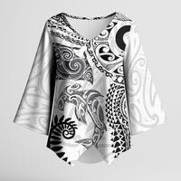 Aotearoa Maori Sea Animals Tribal Kimono Sleeve Blouse Manta Ray and Shark Moko Pattern White Color LT03 Female White - Polynesian Pride
