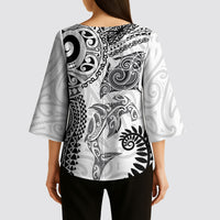 Aotearoa Maori Sea Animals Tribal Kimono Sleeve Blouse Manta Ray and Shark Moko Pattern White Color LT03 - Polynesian Pride