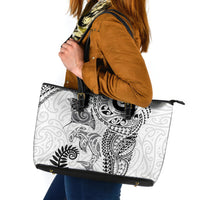 Aotearoa Maori Sea Animals Tribal Leather Tote Bag Manta Ray and Shark Moko Pattern White Color