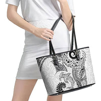 Aotearoa Maori Sea Animals Tribal Leather Tote Bag Manta Ray and Shark Moko Pattern White Color