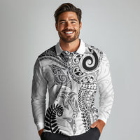 Aotearoa Maori Sea Animals Tribal Long Sleeve Polo Shirt Manta Ray and Shark Moko Pattern White Color LT03 - Polynesian Pride